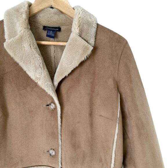Ann Taylor Faux Suede Shearling Mid-Length Coat Button Front in Tan, Size Small - Picture 4 of 11